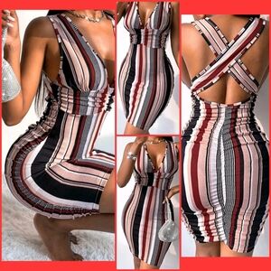 SHEIN:sz.L:Women's Bodycon.Multicolor Striped.Ruched.CrissCrossed Straps in Back